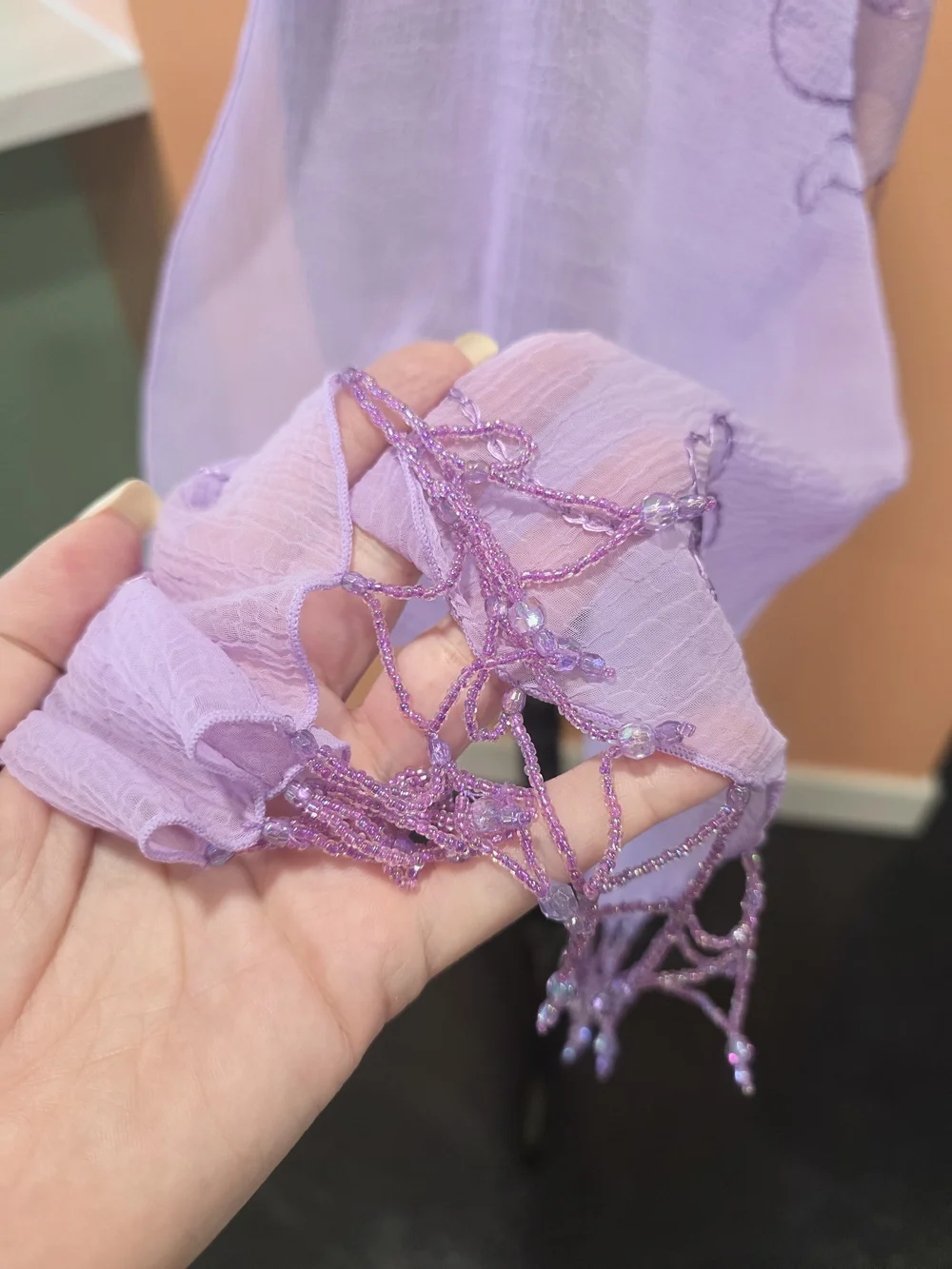 Vintage Y2K Sheer Shawl Lavender Embroidered Wrap Scarf Beaded Fringe